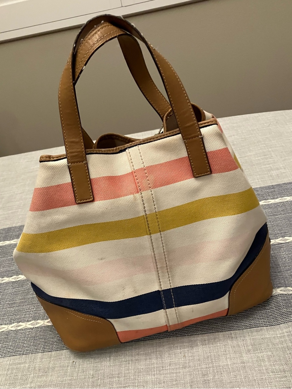 Coach Hadley Striped Canvas Tote with tan leather and signature hangtags - USED - Picture 3 of 14